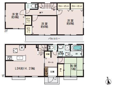 Floor plan. (5 Building), Price 25,800,000 yen, 4LDK, Land area 129.95 sq m , Building area 96.88 sq m