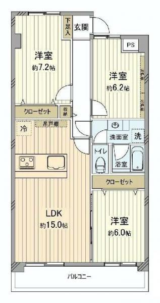 Floor plan. 3LDK, Price 29,880,000 yen, Occupied area 75.85 sq m , Balcony area 9.26 sq m