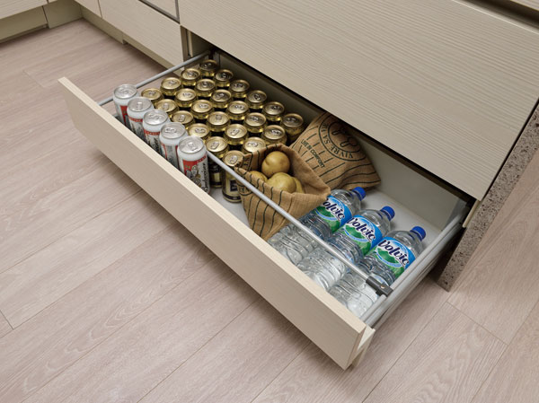 Kitchen.  [All slide storage] Under-counter storage is also taken out easily slide drawer thing back. (Except for some)
