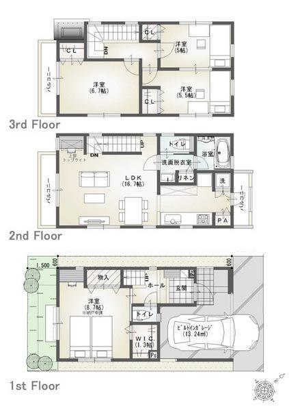 Building plan example (floor plan). <Architecture reference plan> spacious LDK of about 16.7 quires. Easy-to-use for two sided balcony! ! 