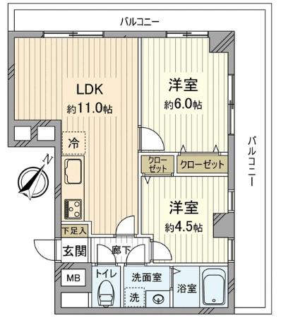 Floor plan. 2LDK, Price 12.8 million yen, Occupied area 47.24 sq m , It is very beautiful, so we have completely renovated the balcony area 16.32 sq m indoor all rooms. Moreover, because it is a corner room You can relax body and soul on the day Stay at the also good room per yang. At the corner room Facing All rooms veranda We view the best!