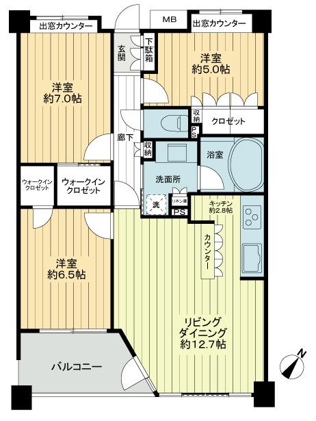 Floor plan. 3LDK, Price 33,800,000 yen, Occupied area 75.28 sq m , Balcony area 7.21 sq m