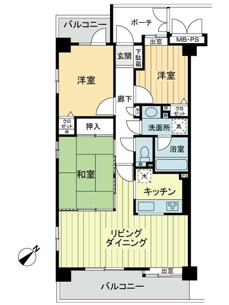 Floor plan. 3LDK, Price 26,800,000 yen, Occupied area 64.05 sq m , Balcony area 12.4 sq m