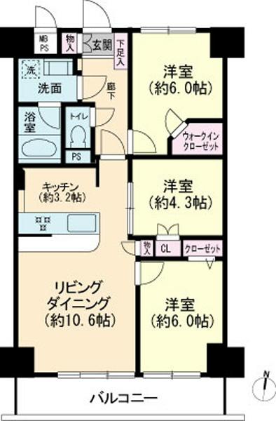 Floor plan. 3LDK, Price 21,400,000 yen, Occupied area 66.15 sq m , Balcony area 7.56 sq m