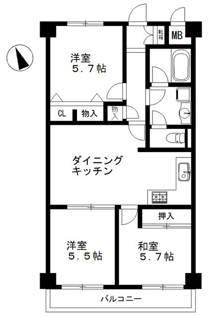 Floor plan. 3DK, Price 9.8 million yen, Occupied area 56.65 sq m , Balcony area 6.6 sq m