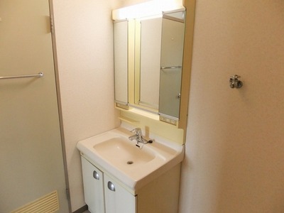 Washroom. Vanity also become three-sided mirror