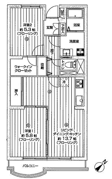 Floor plan. 2LDK, Price 13.4 million yen, Occupied area 62.79 sq m , Balcony area 6.09 sq m