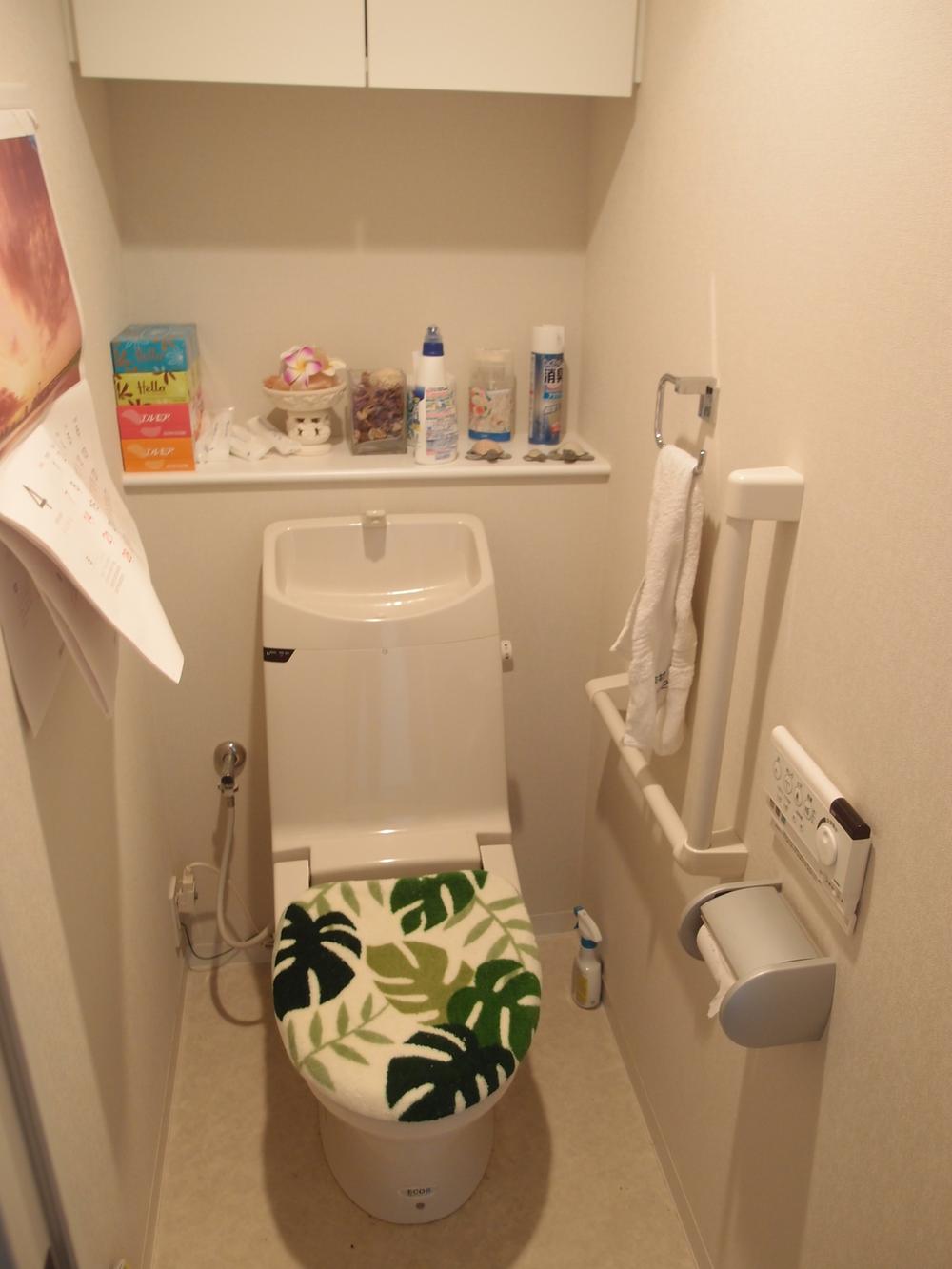 Toilet. toilet handrail, There hanging cupboard!