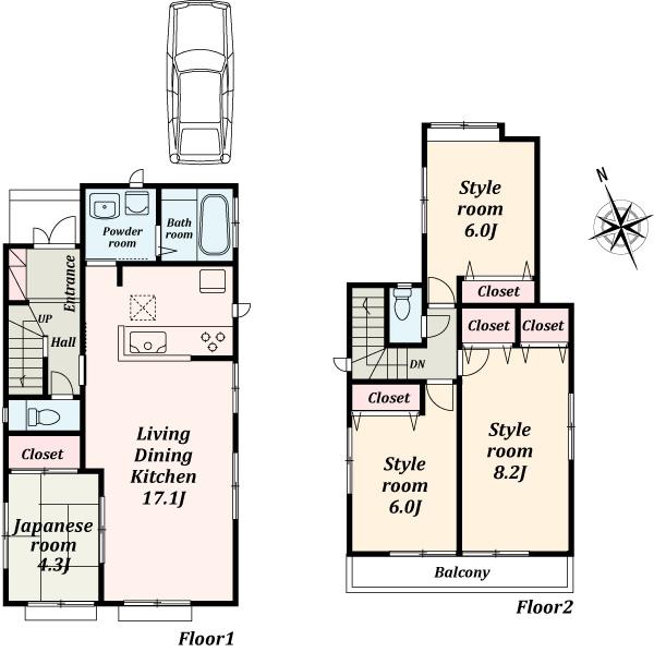 Floor plan. (Building 2), Price 33,800,000 yen, 4LDK, Land area 110.94 sq m , Building area 94.19 sq m