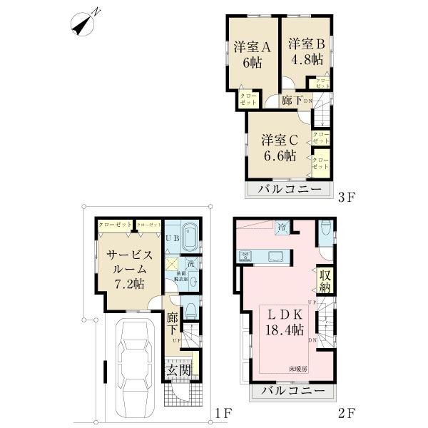 Floor plan. (E Building), Price 47,800,000 yen, 3LDK+S, Land area 59.32 sq m , Building area 106.69 sq m