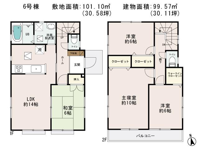 Floor plan. (6 Building), Price 21,800,000 yen, 4LDK, Land area 101.1 sq m , Building area 99.57 sq m