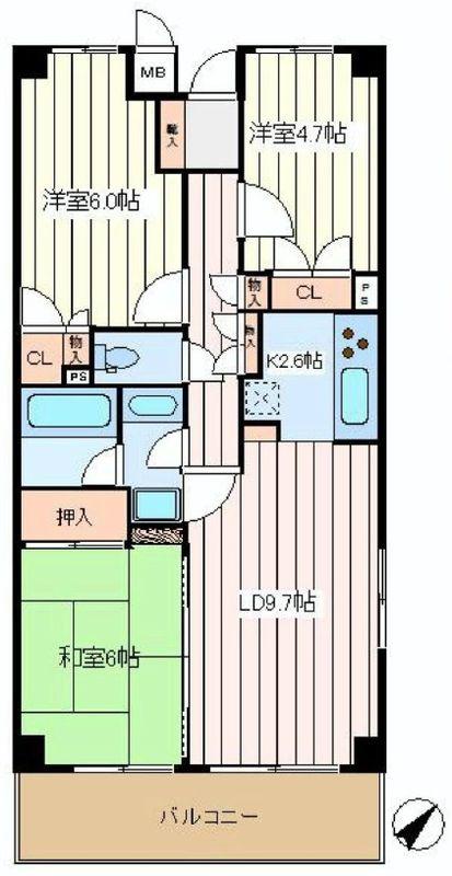 Floor plan. 3LDK, Price 21,800,000 yen, Occupied area 65.68 sq m , Balcony area 8.7 sq m