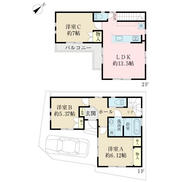 Floor plan. (Building 2), Price 40,800,000 yen, 3LDK, Land area 72.24 sq m , Building area 77.83 sq m