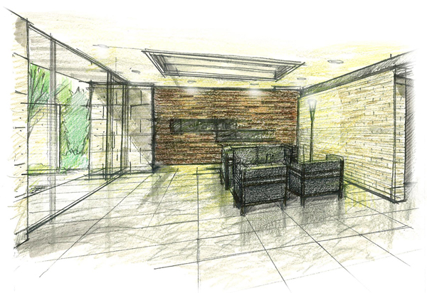 Features of the building.  [Sophisticated lounge] The back of the entrance hall, Providing a sophisticated lounge, such as the library, "The is on the wall over the glass ・ Symbolizes the peace of the Park House Ichikawa "view of the" Picture Terrace Garden "has spread. (Rendering Illustration)
