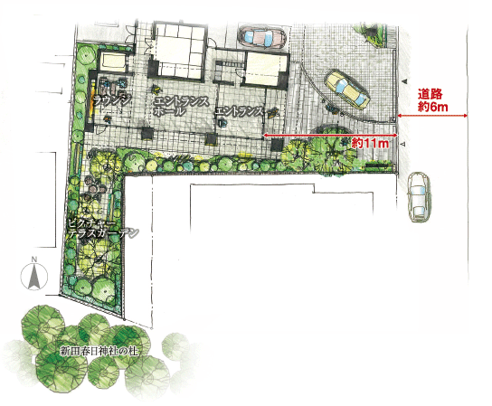 Features of the building.  [Set back from the street, Yingbin landscape of spacious flavor] Cobbled and approaches leading to the secluded entrance, Drive way to relax and draw an arc. "The ・ Provided at a position building that was recessed from the street of Park House Ichikawa ", Create a calm Yingbin landscape. (Rendering Illustration) ※ The above 5 points, Rendering illustrations, Sketch of drawn early stage in order to solidify the direction of the project, The actual building and materials ・ color ・ shape ・ Planting is slightly different.