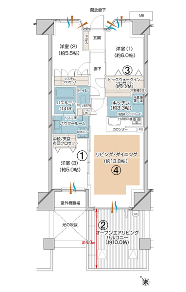 I-DOB type ・ 3LDK + OB + BW occupied area / 75.8 sq m open-air living room balcony area / 16.20 sq m outdoor unit yard area / 3.0 sq m