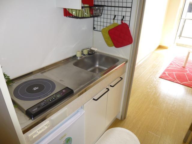 Kitchen. 1-burner stove and with a mini fridge. Indoor Laundry Storage