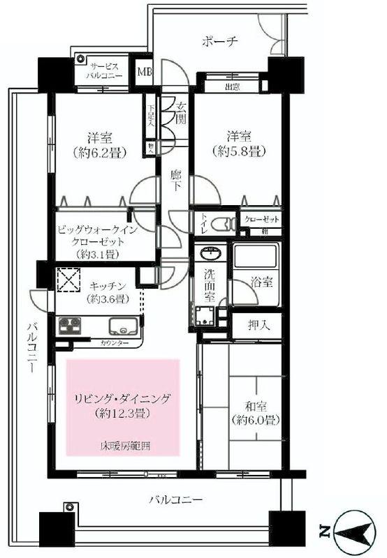 Floor plan. 3LDK, Price 28.8 million yen, Occupied area 77.95 sq m , Balcony area 29.5 sq m