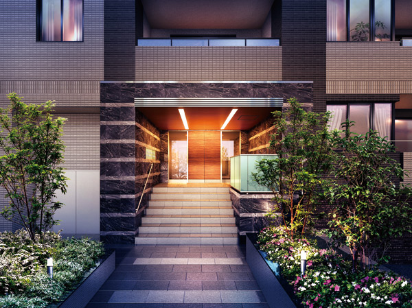 Shared facilities.  [Entrance Rendering] While receiving the hospitality of the season of trees and flowers on both sides, Walk the approach that was paved with fine tile. The imminent, Stone of polished two-tone ・ Materials and, Conceal the city glow nestled is, Welcoming while full of hotel-like hospitality. When I get back every day, Come to walk to taste one step, Hear the soothing sound even the footsteps. Before opening the home of the door, Relaxation is, We have started from the other this location.