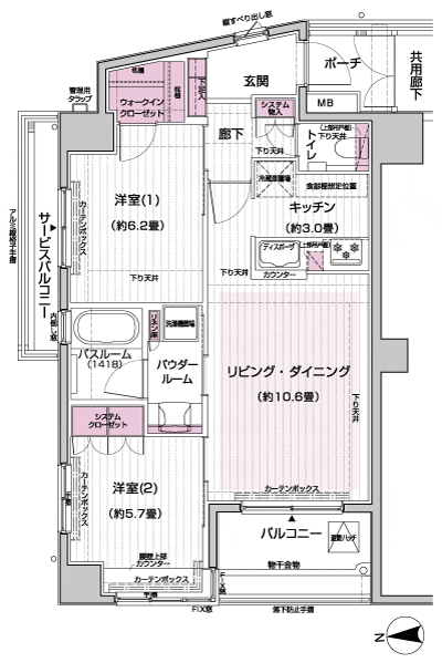 Floor: 2LDK + WIC, the occupied area: 58.15 sq m