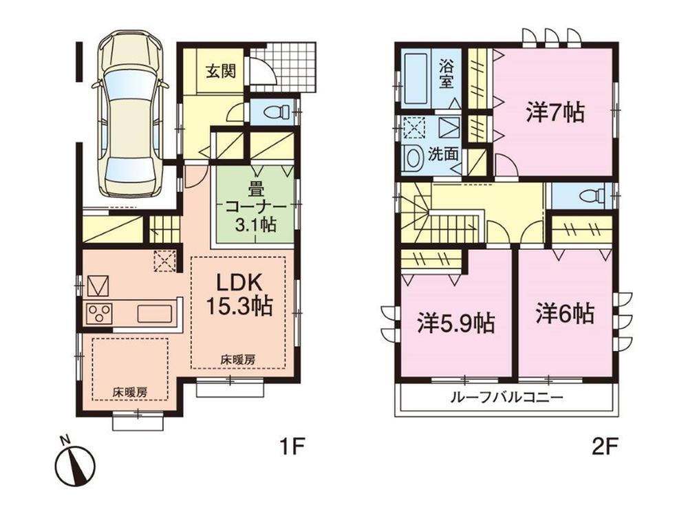 Floor plan. (3 Building), Price 42,800,000 yen, 3LDK, Land area 91.63 sq m , Building area 90.53 sq m