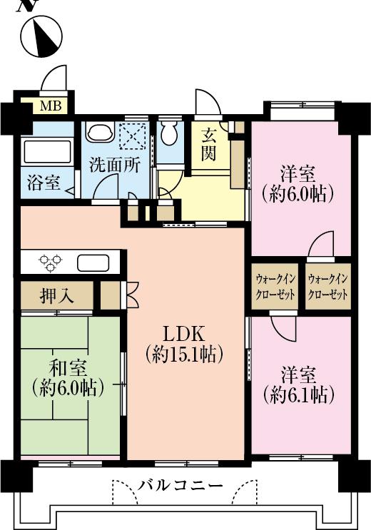 Floor plan. 3LDK, Price 32,800,000 yen, Occupied area 75.94 sq m , Balcony area 9.98 sq m