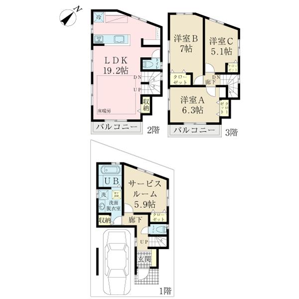 Floor plan. (B Building), Price 46,900,000 yen, 3LDK+S, Land area 60 sq m , Building area 106.75 sq m