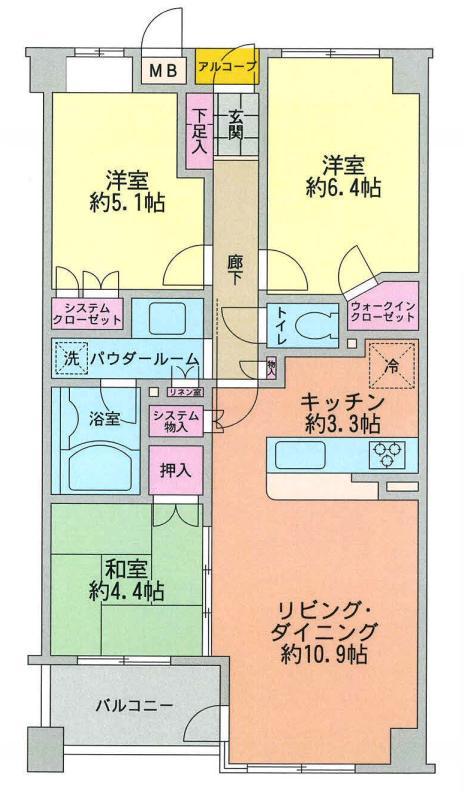 Floor plan. 3LDK, Price 26,900,000 yen, Occupied area 65.71 sq m , Balcony area 4.65 sq m