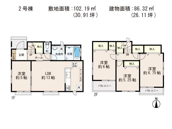 Floor plan. 23.8 million yen, 4LDK, Land area 102.19 sq m , Spacious living space in the building area 86.32 sq m total living room with storage space