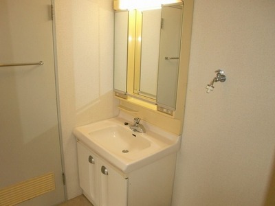 Washroom. Independent wash basin is vanity with characteristic three-sided mirror. 