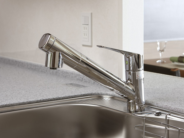 Kitchen.  [Water purifier integrated shower faucet] Water purifier integrated faucet delicious water at the touch of a button can drink. Because the shower expression that drawer available, Cleaning is also easy