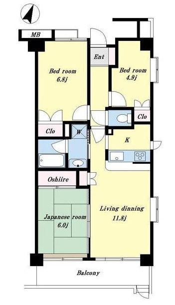 Floor plan. 3LDK, Price 21,800,000 yen, Occupied area 70.93 sq m , Balcony area 9.15 sq m