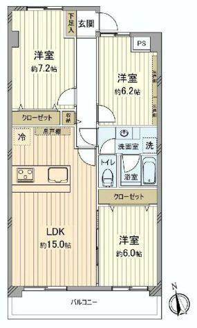 Floor plan. 3LDK, Price 29,880,000 yen, Occupied area 75.85 sq m , Balcony area 9.26 sq m renovated apartment