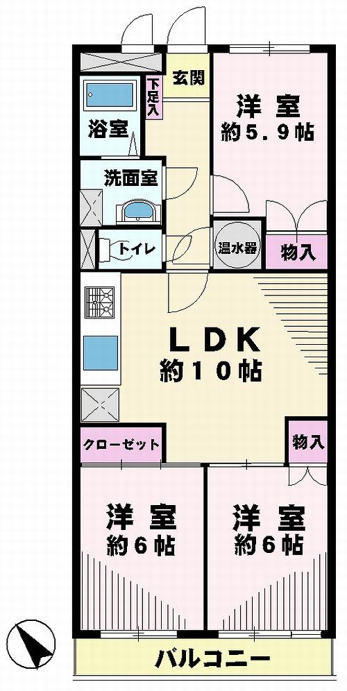Floor plan. 3LDK, Price 10.5 million yen, Occupied area 66.96 sq m , Balcony area 5.4 sq m