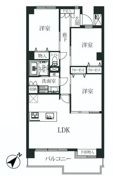 Floor plan. 3LDK, Price 29,800,000 yen, Footprint 74.8 sq m , This floor plan which arranged the balcony area 9.59 sq m popular face-to-face kitchen.