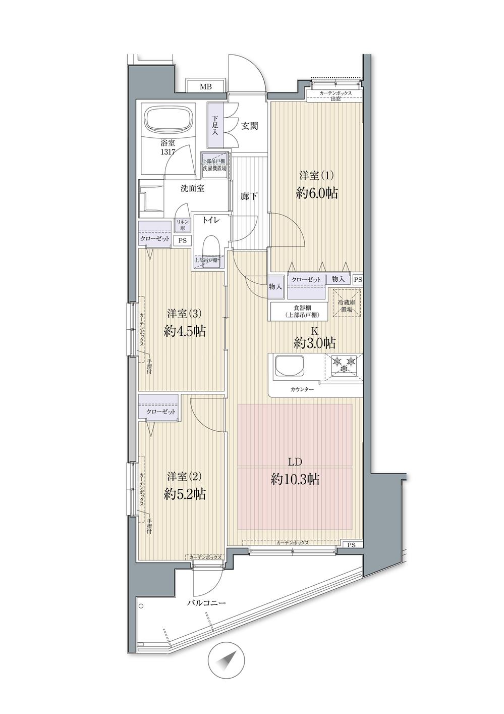Floor plan. 3LDK, Price 36,800,000 yen, Occupied area 61.46 sq m , Balcony area 7.98 sq m popular counter kitchen, Because of the standard floor plan, Reform will be various thought.