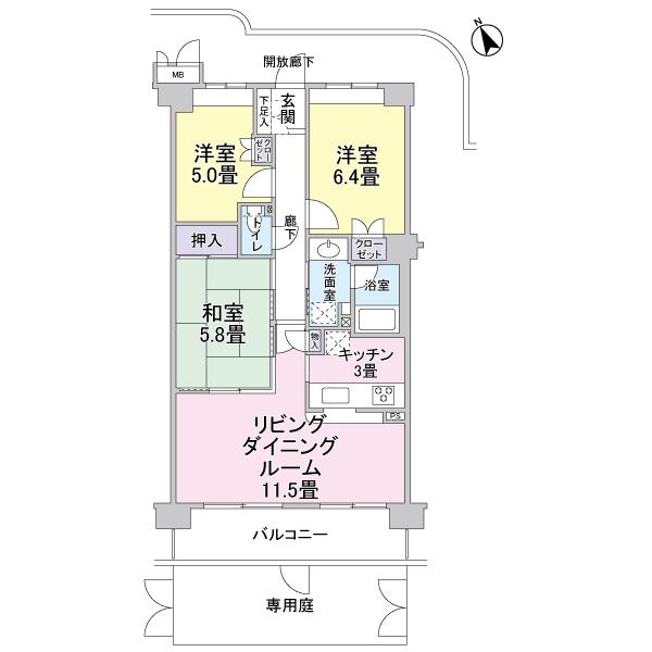 Floor plan. 3LDK, Price 21 million yen, Footprint 68.2 sq m , There is a balcony area 9.3 sq m private garden