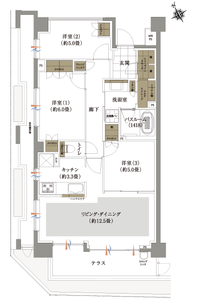 Other.  ■ B1 type ・ 3LDK + SIC + MS footprint / 75.56 sq m  Balcony area / 9.15 sq m ◎ corner dwelling unit plan facing the southwest-facing terrace ◎ Ya Shoes in cloak, A variety of storage pace and multi-storage