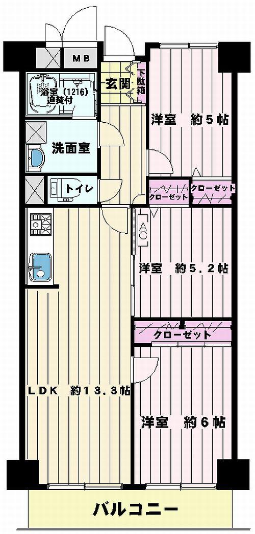 Floor plan. 3LDK, Price 21,800,000 yen, Occupied area 66.77 sq m , Balcony area 6.72 sq m