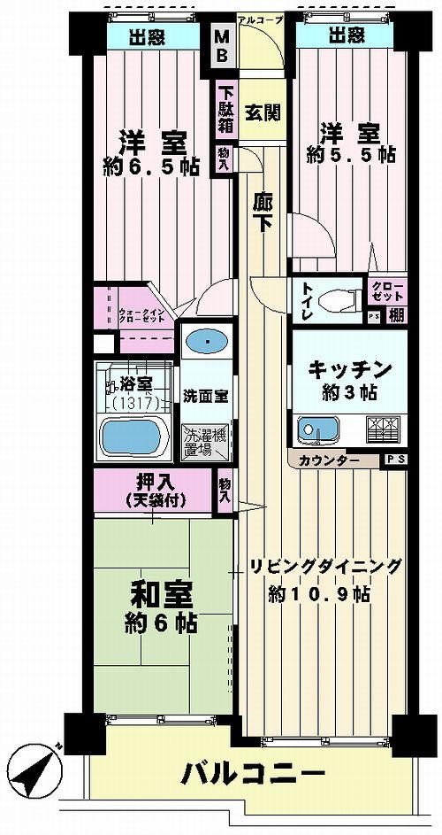Floor plan. 3LDK, Price 32,800,000 yen, Occupied area 68.64 sq m , Balcony area 8.7 sq m