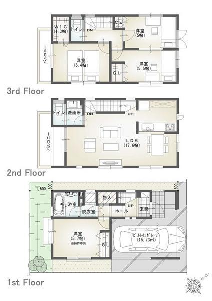 Building plan example (floor plan). <Architecture reference plan> spacious LDK of about 17.6 quires. Easy-to-use two-sided balcony! ! 