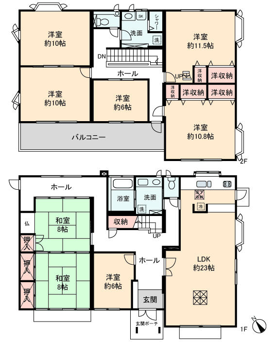 Floor plan. 130 million yen, 8LDK, Land area 596.56 sq m , Building area 242.1 sq m 1 floor 127.81 sq m Second floor 114.29 sq m total 242.10 sq m Spacious 8LDK