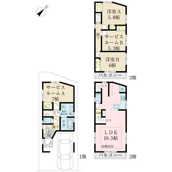 Floor plan. (C Building), Price 46,800,000 yen, 2LDK+2S, Land area 60 sq m , Building area 104.67 sq m