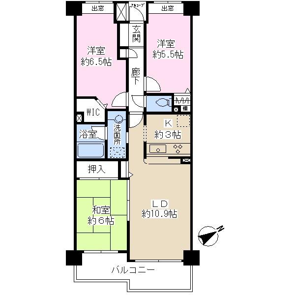 Floor plan. 3LDK, Price 32,800,000 yen, Occupied area 68.64 sq m , Balcony area 8.7 sq m