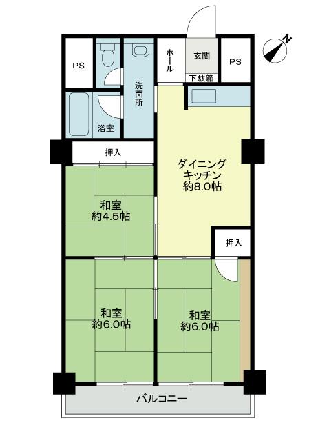 Floor plan. 3DK, Price 12.8 million yen, Footprint 54.3 sq m , Balcony area 6.27 sq m