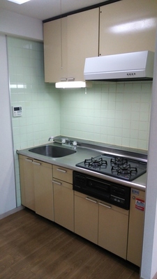 Kitchen. System kitchen is a three-necked gas stove, With grill