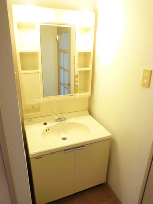 Washroom. Independent wash basin is bright, Storage is also substantial