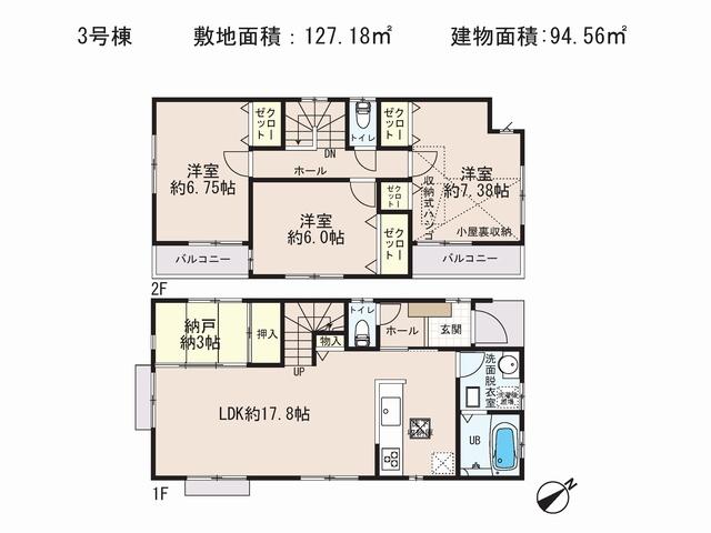 Floor plan. (3 Building), Price 34,800,000 yen, 3LDK+S, Land area 127.18 sq m , Building area 94.56 sq m