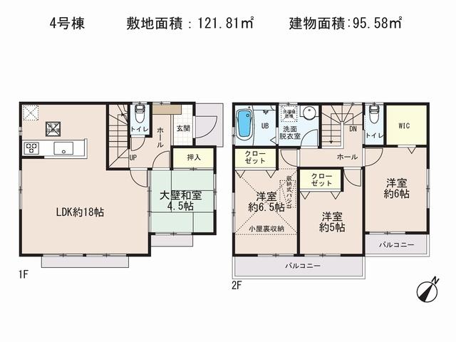 Floor plan. (4 Building), Price 34,800,000 yen, 4LDK, Land area 121.81 sq m , Building area 95.58 sq m
