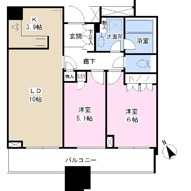 Floor plan. 2LDK, Price 49,500,000 yen, Occupied area 56.65 sq m , Balcony area 10.5 sq m balcony surface into three chambers